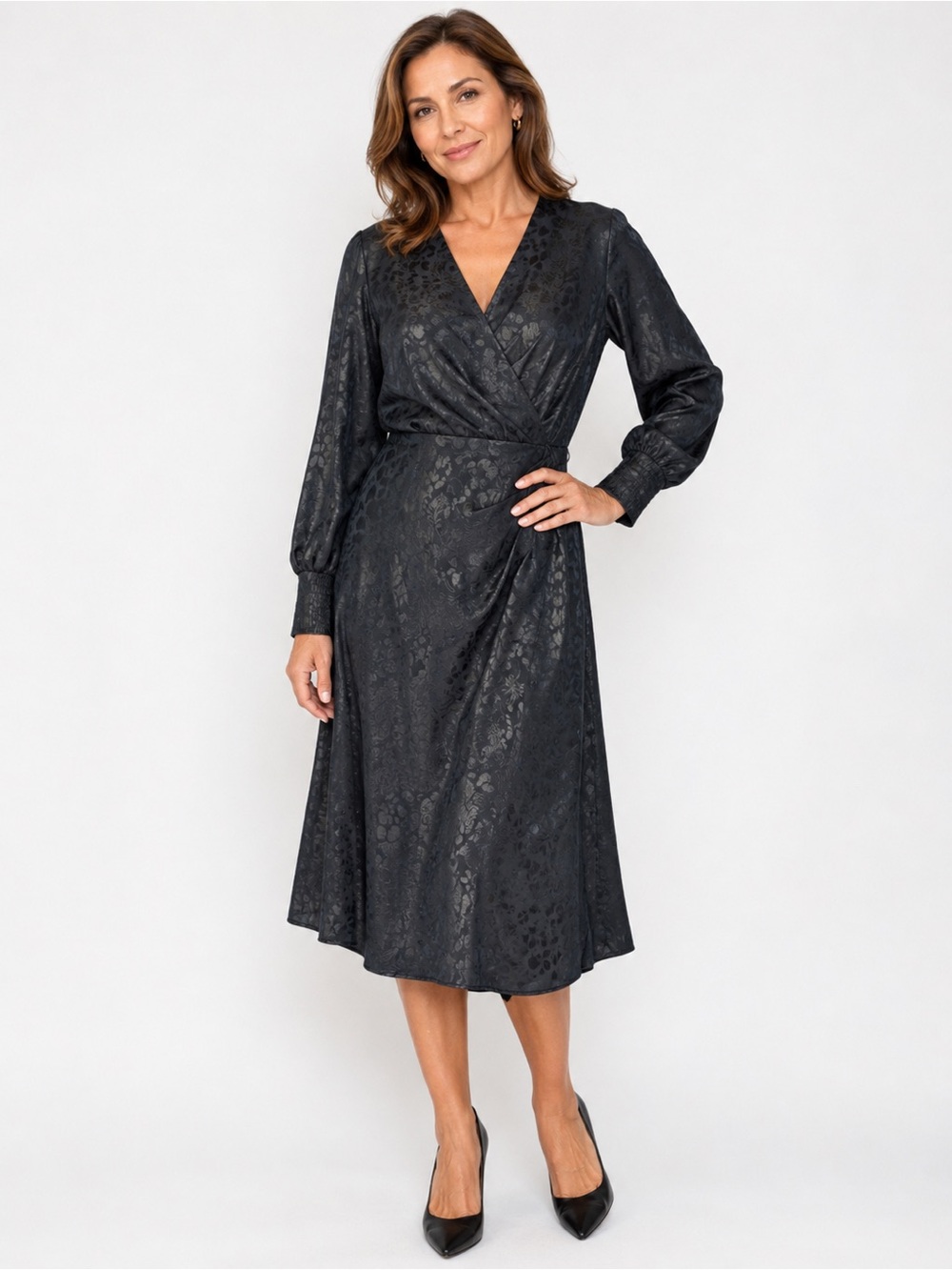 Chenault Black Jacquard Wrap Midi Dress